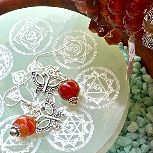 silver statement Butterfly charms carnelian dangle long earrings spheres - Picture 1 of 4